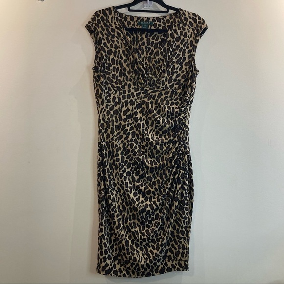 RALPH LAUREN RLR Sz 12 Leopard Print Mock Wrap Ruched Jersey Knit  Dress - Picture 2 of 10